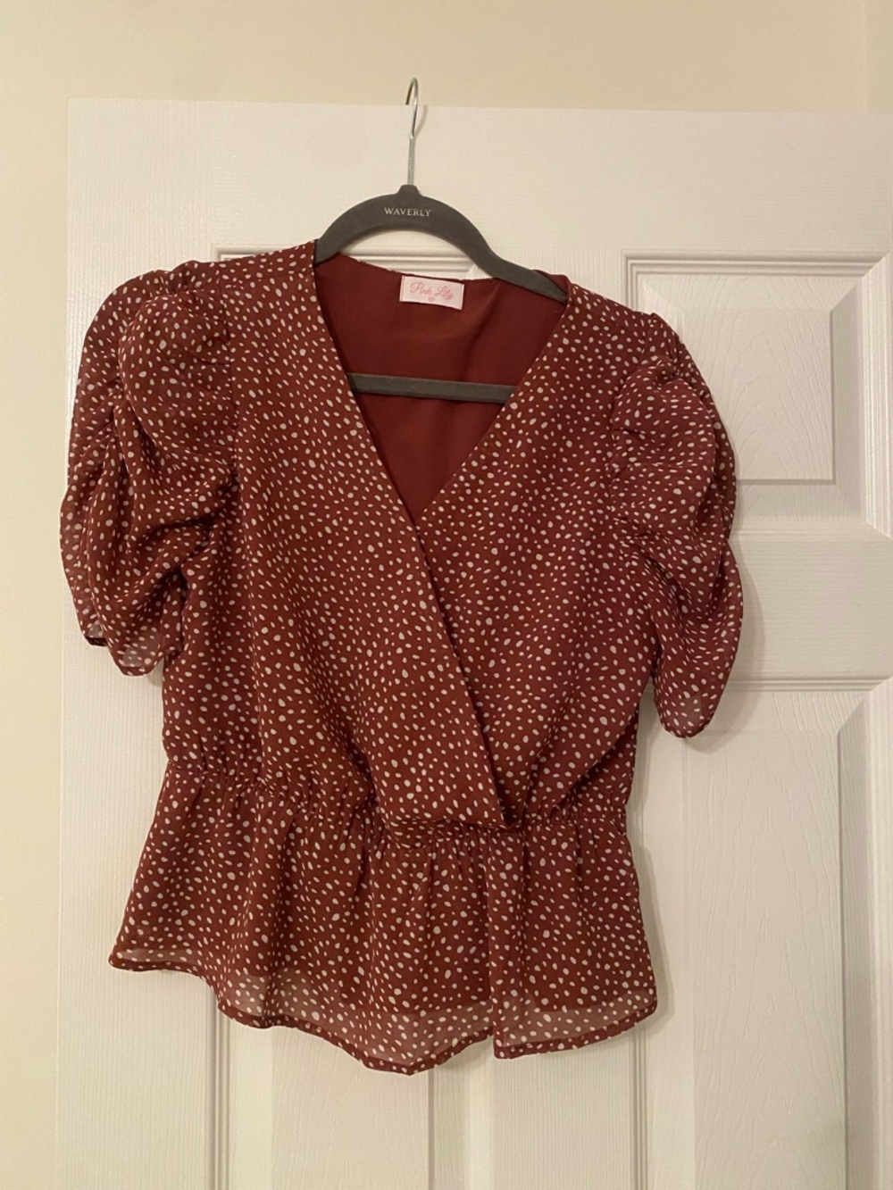 Pink Lily Rust Dot Puff Sleeve Wrap Blouse
